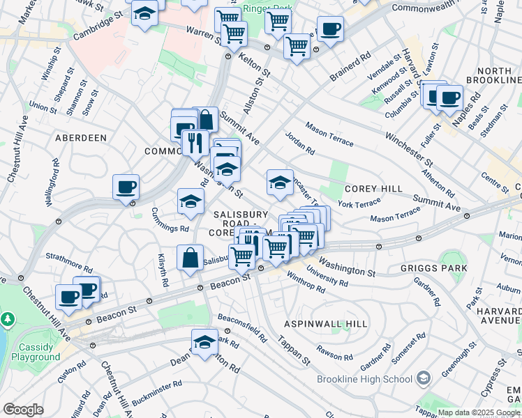 map of restaurants, bars, coffee shops, grocery stores, and more near 785 Washington Street in Brookline