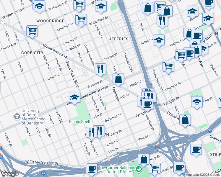 map of restaurants, bars, coffee shops, grocery stores, and more near 3530 Trumbull in Detroit