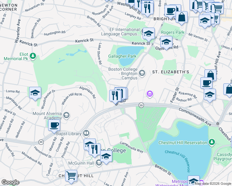 map of restaurants, bars, coffee shops, grocery stores, and more near 30 Undine Road in Boston