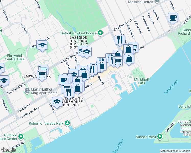 map of restaurants, bars, coffee shops, grocery stores, and more near 3250 East Jefferson Avenue in Detroit