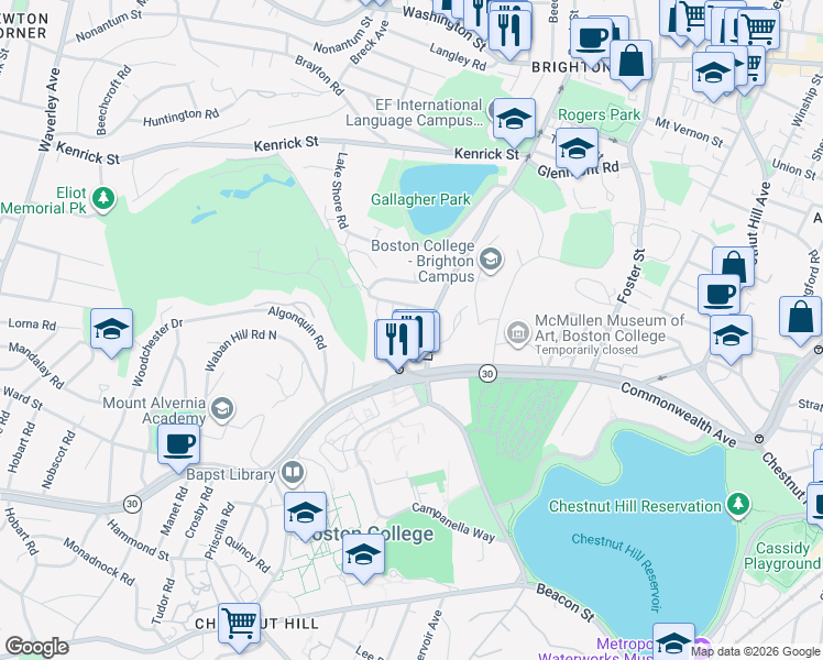 map of restaurants, bars, coffee shops, grocery stores, and more near 40 Lake Street in Boston
