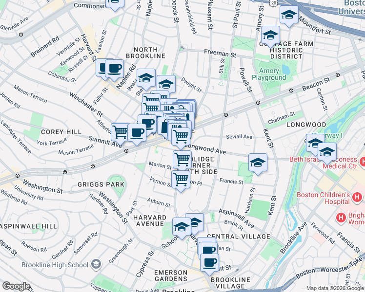 map of restaurants, bars, coffee shops, grocery stores, and more near 253 Harvard Street in Brookline