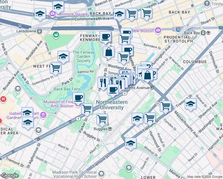 map of restaurants, bars, coffee shops, grocery stores, and more near 76 Gainsborough Street in Boston