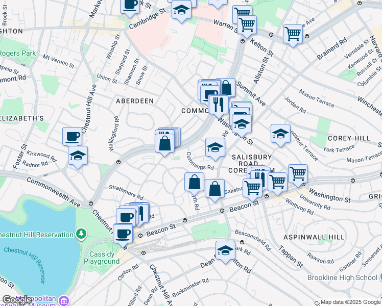 map of restaurants, bars, coffee shops, grocery stores, and more near 1665 Commonwealth Avenue in Boston