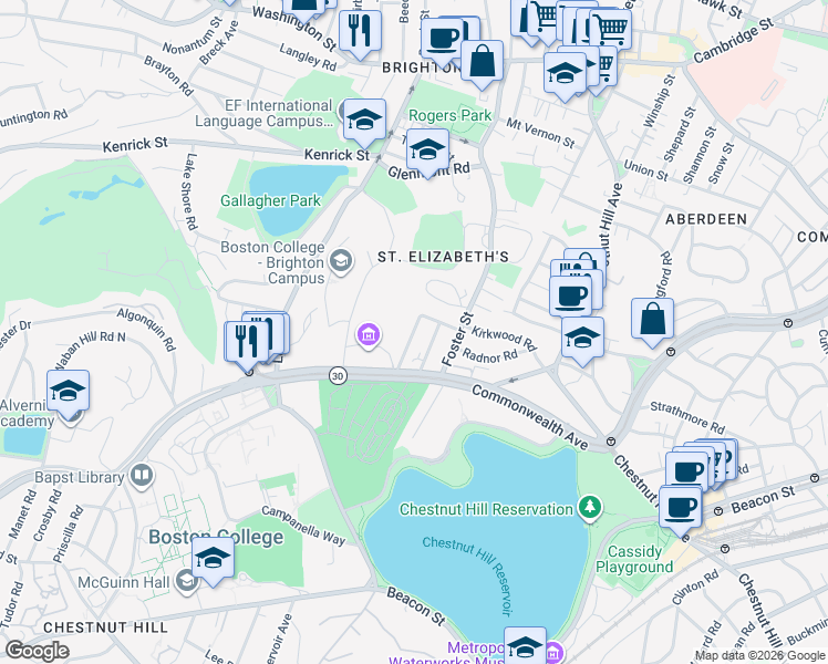 map of restaurants, bars, coffee shops, grocery stores, and more near 30 Greycliff Road in Boston