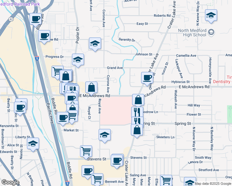 map of restaurants, bars, coffee shops, grocery stores, and more near 1218 Corona Avenue in Medford