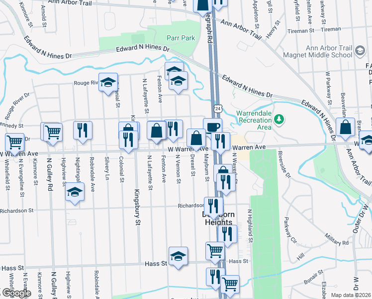 map of restaurants, bars, coffee shops, grocery stores, and more near 7236 Drexel Street in Dearborn Heights
