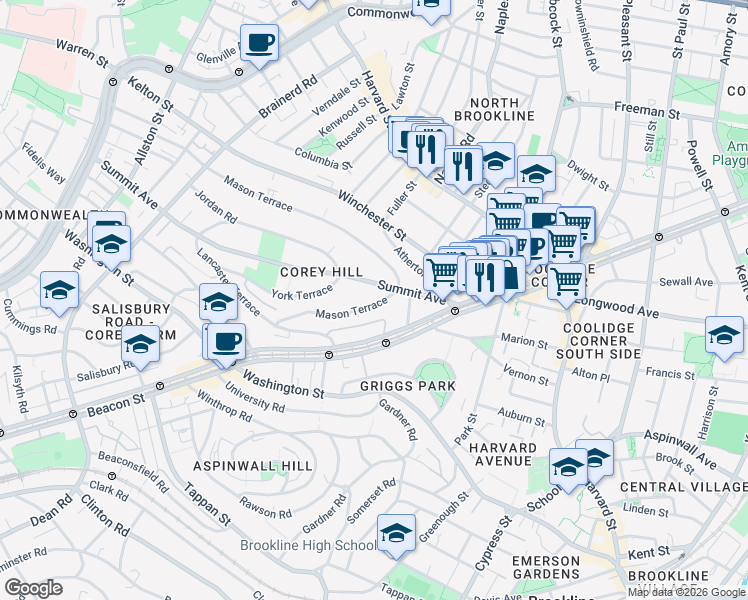 map of restaurants, bars, coffee shops, grocery stores, and more near 94 Mason Terrace in Brookline