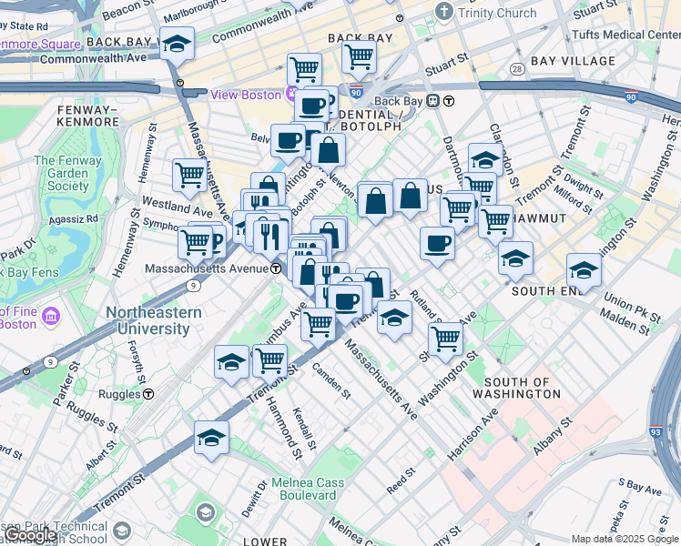 map of restaurants, bars, coffee shops, grocery stores, and more near 544 Columbus Avenue in Boston