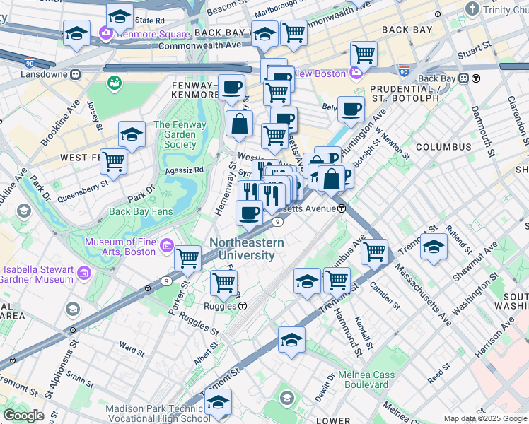 map of restaurants, bars, coffee shops, grocery stores, and more near 77 Saint Stephen Street in Boston