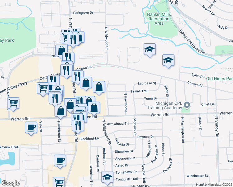 map of restaurants, bars, coffee shops, grocery stores, and more near 34111 Kennedy Street in Westland
