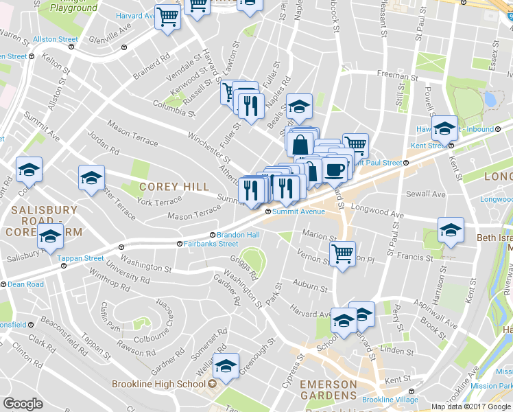 map of restaurants, bars, coffee shops, grocery stores, and more near Summit Ave & Atherton Rd in Brookline