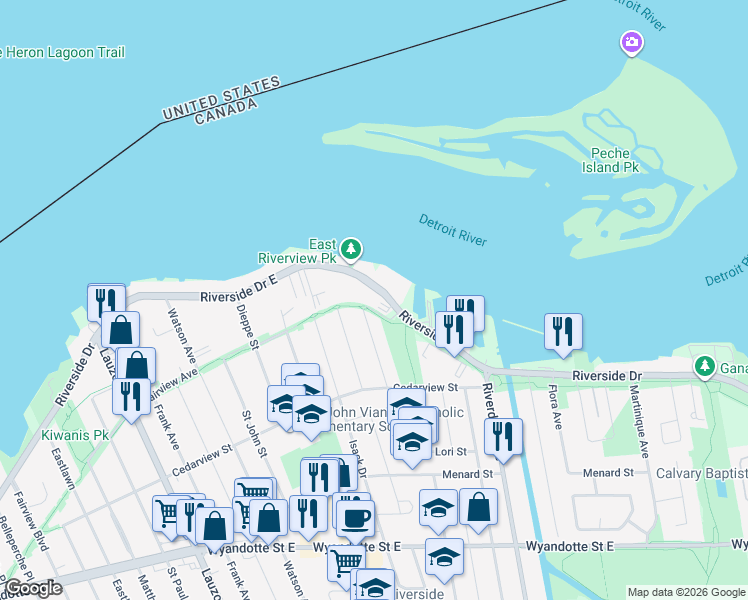 map of restaurants, bars, coffee shops, grocery stores, and more near 8885 Riverside Drive East in Windsor