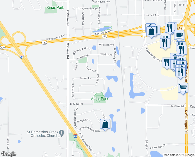 map of restaurants, bars, coffee shops, grocery stores, and more near 544 South West Avenue in Waukegan