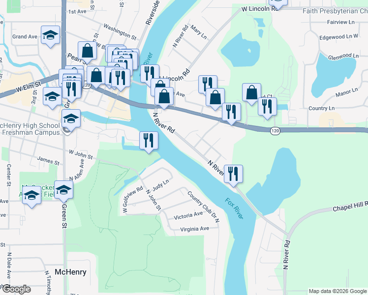 map of restaurants, bars, coffee shops, grocery stores, and more near 1013 North River Road in McHenry