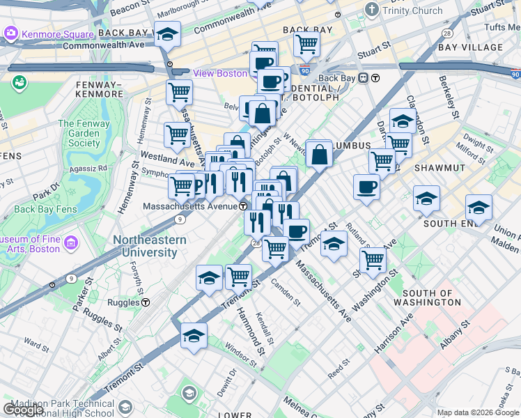 map of restaurants, bars, coffee shops, grocery stores, and more near 23 Wellington Street in Boston