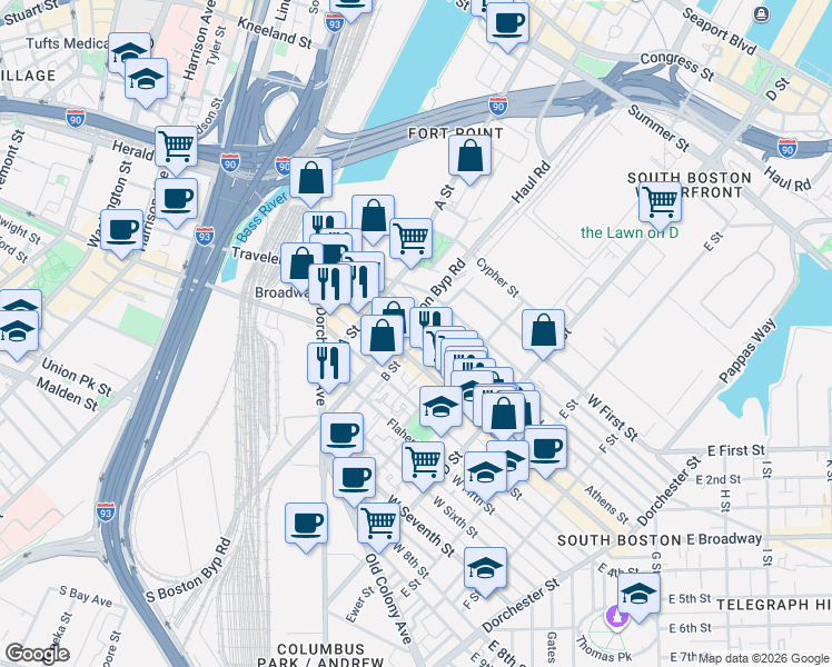 map of restaurants, bars, coffee shops, grocery stores, and more near 50 West 3rd Street in Boston