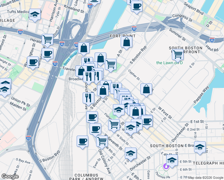 map of restaurants, bars, coffee shops, grocery stores, and more near 118 B Street in Boston