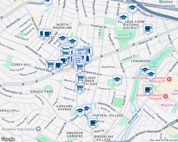 map of restaurants, bars, coffee shops, grocery stores, and more near in Brookline