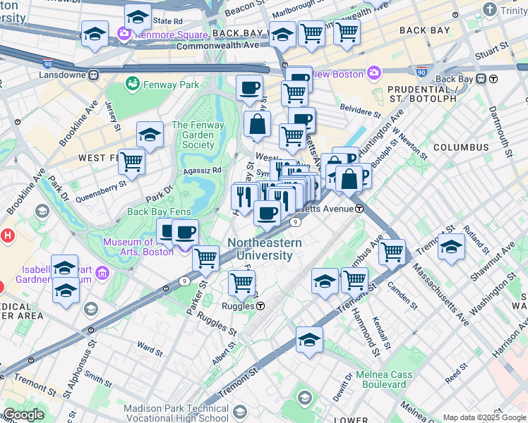 map of restaurants, bars, coffee shops, grocery stores, and more near 76 Gainsborough Street in Boston