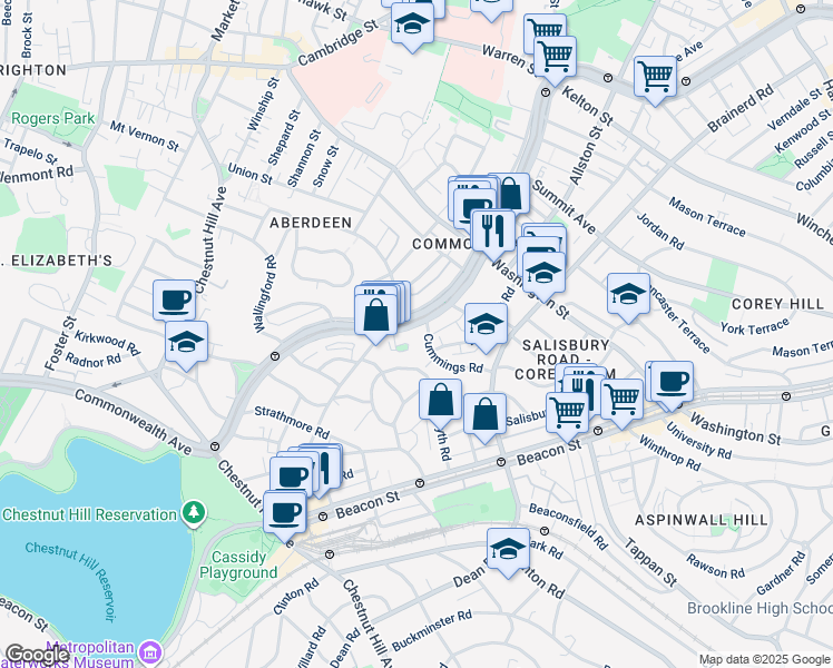 map of restaurants, bars, coffee shops, grocery stores, and more near 1680 Commonwealth Avenue in Boston