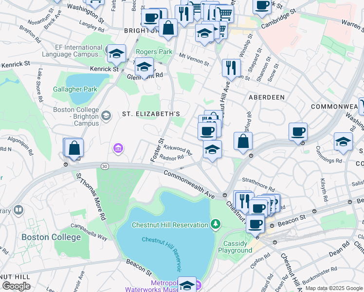 map of restaurants, bars, coffee shops, grocery stores, and more near 201 Chiswick Road in Boston