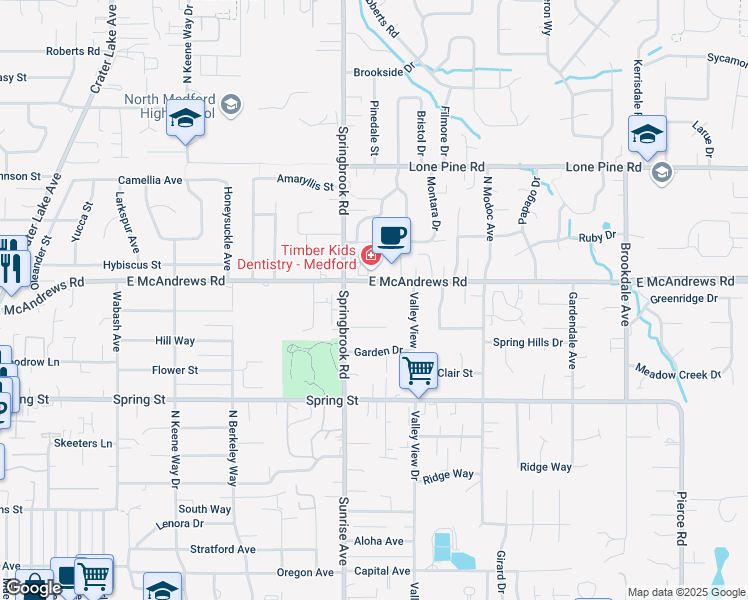 map of restaurants, bars, coffee shops, grocery stores, and more near 2596 East McAndrews Road in Medford
