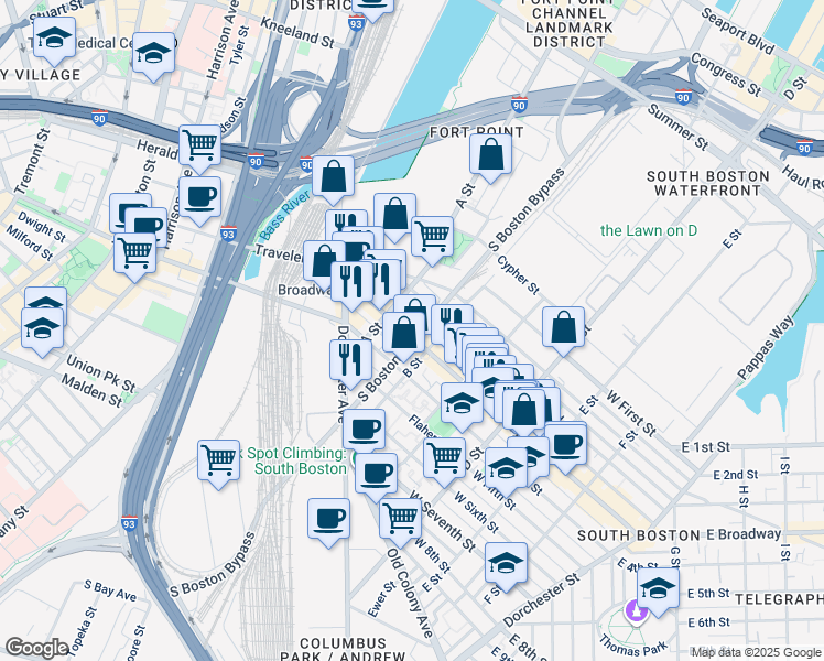 map of restaurants, bars, coffee shops, grocery stores, and more near 69 Athens Street in Boston