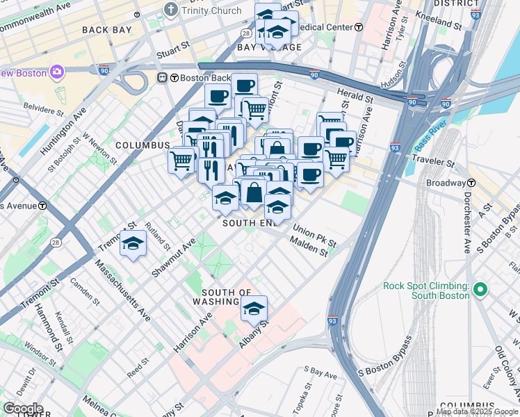 map of restaurants, bars, coffee shops, grocery stores, and more near in Boston