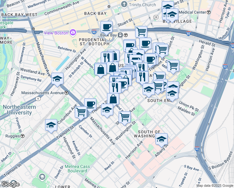map of restaurants, bars, coffee shops, grocery stores, and more near 83 Pembroke Street in Boston