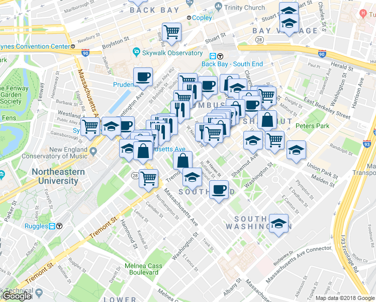 map of restaurants, bars, coffee shops, grocery stores, and more near 136 West Newton Street in Boston