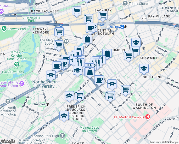 map of restaurants, bars, coffee shops, grocery stores, and more near 23 Wellington Street in Boston