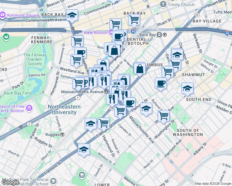map of restaurants, bars, coffee shops, grocery stores, and more near 23 Wellington Street in Boston