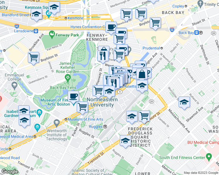 map of restaurants, bars, coffee shops, grocery stores, and more near 76 Gainsborough Street in Boston