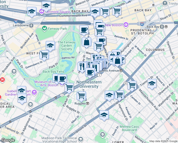 map of restaurants, bars, coffee shops, grocery stores, and more near 76 Gainsborough Street in Boston
