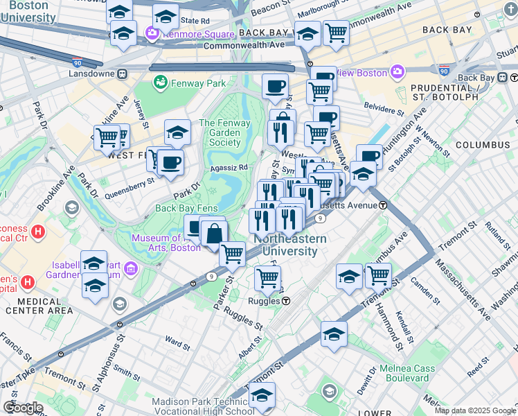 map of restaurants, bars, coffee shops, grocery stores, and more near 143 Hemenway Street in Boston