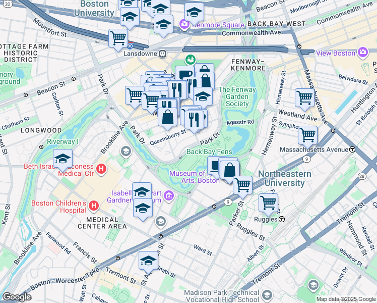 map of restaurants, bars, coffee shops, grocery stores, and more near 111 Park Drive in Boston