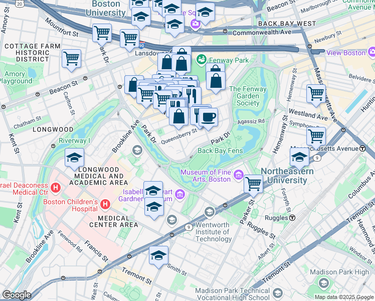 map of restaurants, bars, coffee shops, grocery stores, and more near 58 Queensberry Street in Boston