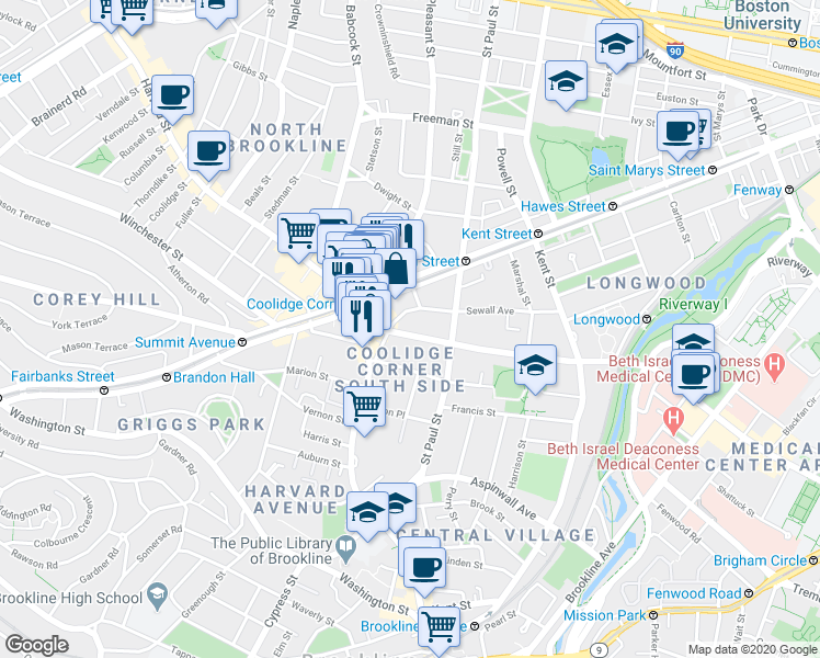map of restaurants, bars, coffee shops, grocery stores, and more near in Brookline