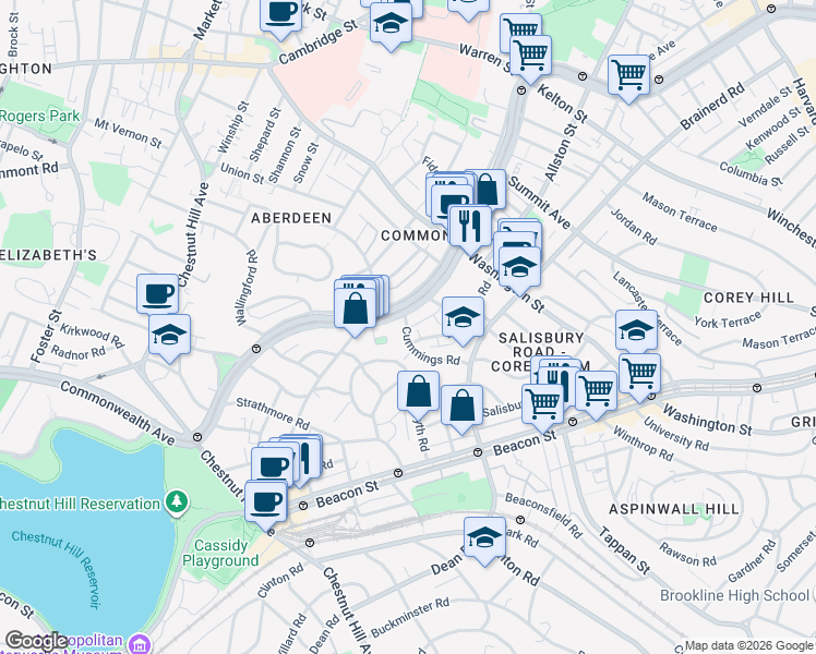 map of restaurants, bars, coffee shops, grocery stores, and more near 1665 Commonwealth Avenue in Boston