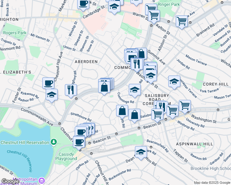 map of restaurants, bars, coffee shops, grocery stores, and more near 1665 Commonwealth Avenue in Boston