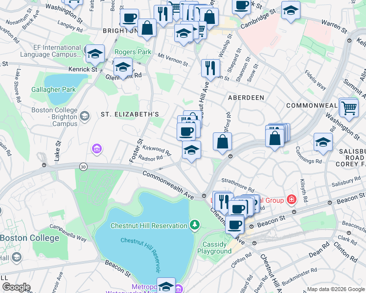 map of restaurants, bars, coffee shops, grocery stores, and more near 25 Embassy Road in Boston