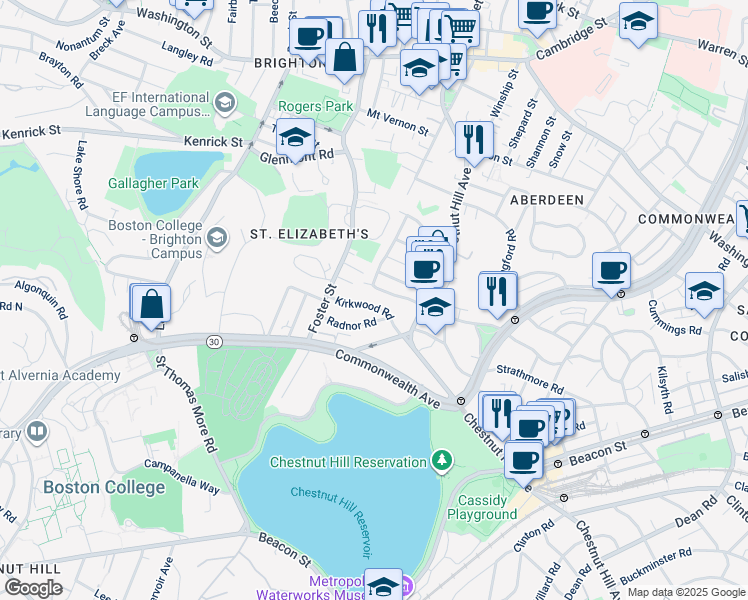 map of restaurants, bars, coffee shops, grocery stores, and more near 201 Chiswick Road in Boston