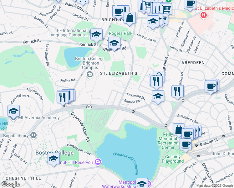 map of restaurants, bars, coffee shops, grocery stores, and more near 22 Lane Park in Boston