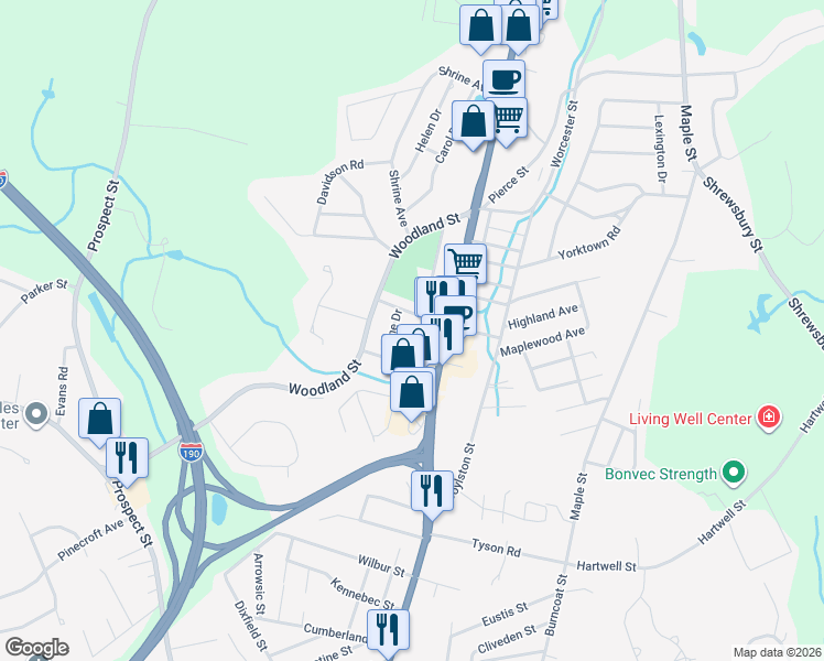 map of restaurants, bars, coffee shops, grocery stores, and more near 1 Alpine Drive in West Boylston