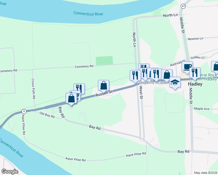 map of restaurants, bars, coffee shops, grocery stores, and more near Norwottuck Rail Trail in Hadley