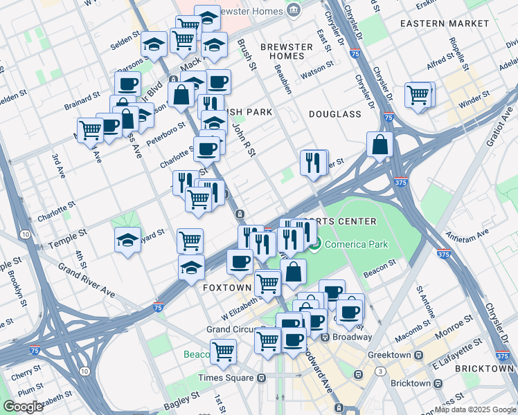 map of restaurants, bars, coffee shops, grocery stores, and more near 123 Winder Street in Detroit