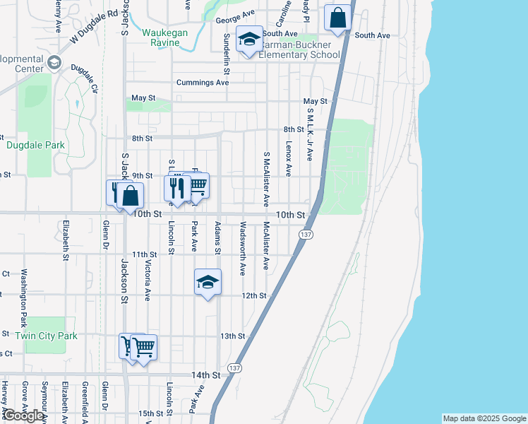 map of restaurants, bars, coffee shops, grocery stores, and more near 924 South McAlister Avenue in Waukegan