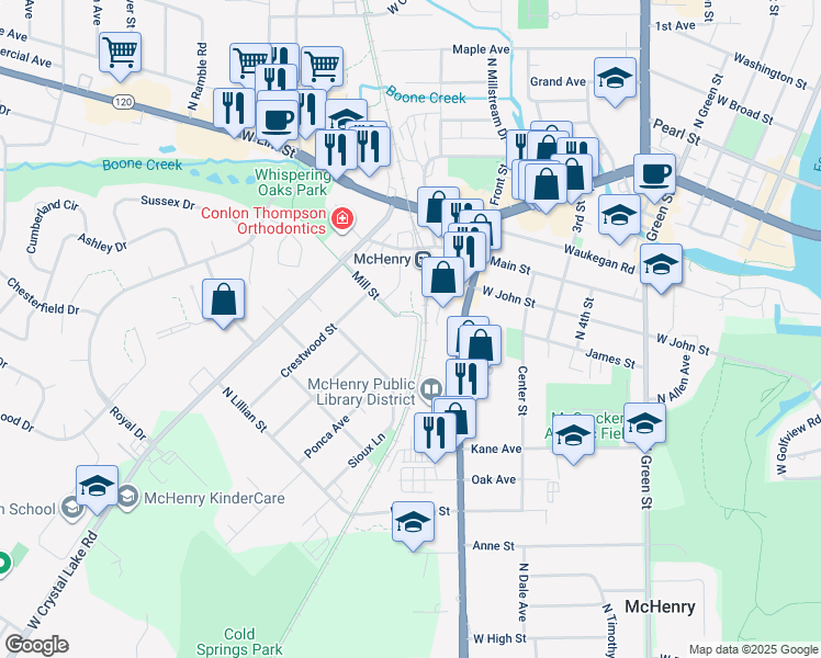 map of restaurants, bars, coffee shops, grocery stores, and more near 725 Mill Street in McHenry