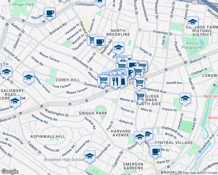 map of restaurants, bars, coffee shops, grocery stores, and more near 24 Winchester Street in Brookline